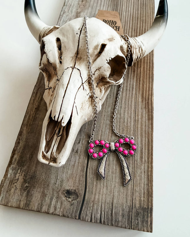 Western Style Coquette Bow Stone Pendant Necklace