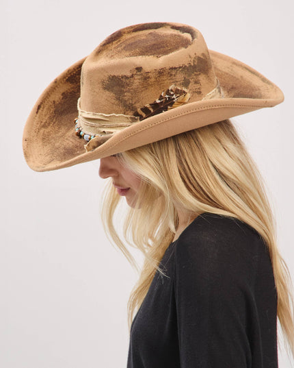 Distressed Fabric Band Feather Cowgirl Fedora Hat