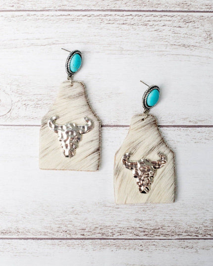 TAKE A NUMBER COWBOY WHITE COWHIDE SILVER COWSKULL STUD EARRINGS