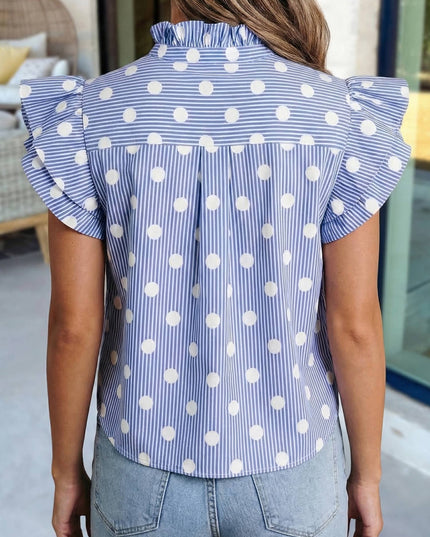 Stripe Polka Dot Ruffle Sleeve Button Up Blouse | S-XL