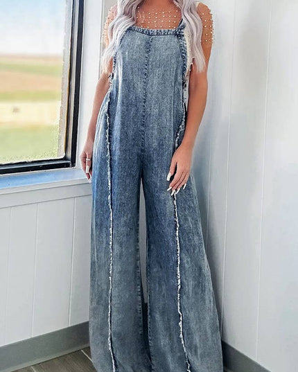 Washed Raw Hem One Piece Wide Leg Jumpsuit Overall YYNZ020