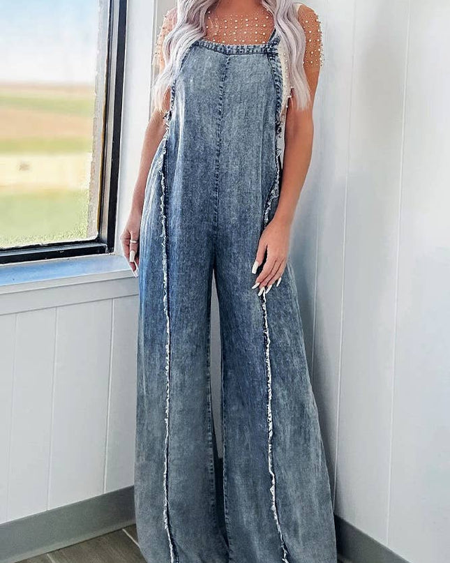 Washed Raw Hem One Piece Wide Leg Jumpsuit Overall YYNZ020