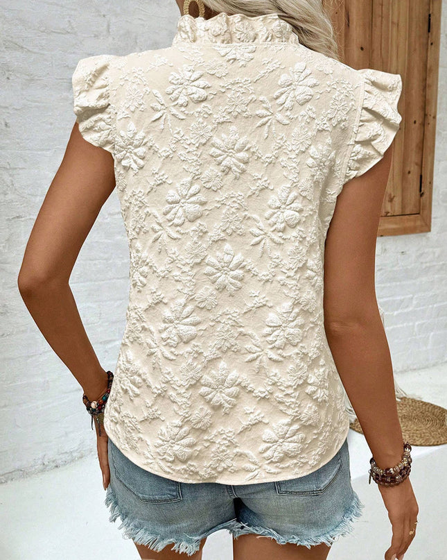 Pullover Ruffle Jacquard Blouse Short Sleeve Top