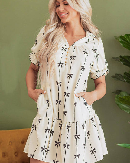 Beige Cute Bowknot Printed Bubble Sleeve V Neck Mini Dress