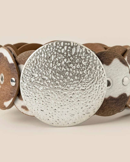 Western Inspired Cowhide Large Round Buckle Vegan Leather Belt