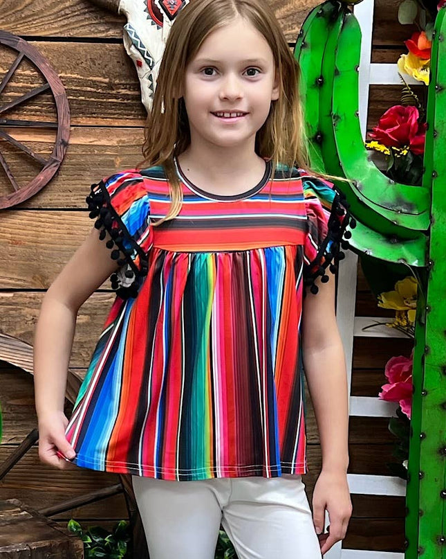 SERAPE PRINTED TUNIC WITH BLACK POM POM TRIM. TPG15113017-SO