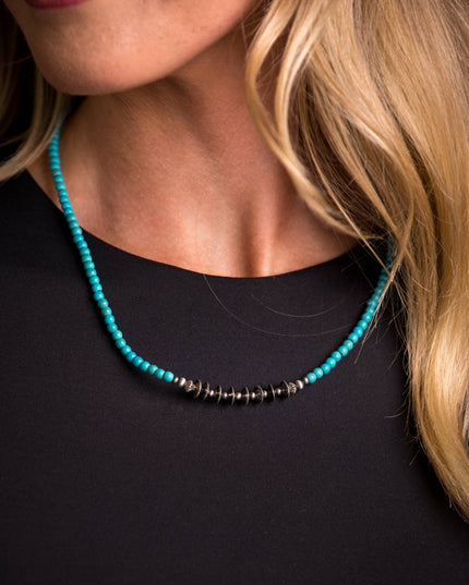 16" Dainty Green Turquoise Beaded Necklace with Silver Disc