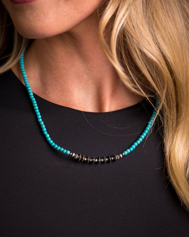 16" Dainty Green Turquoise Beaded Necklace with Silver Disc
