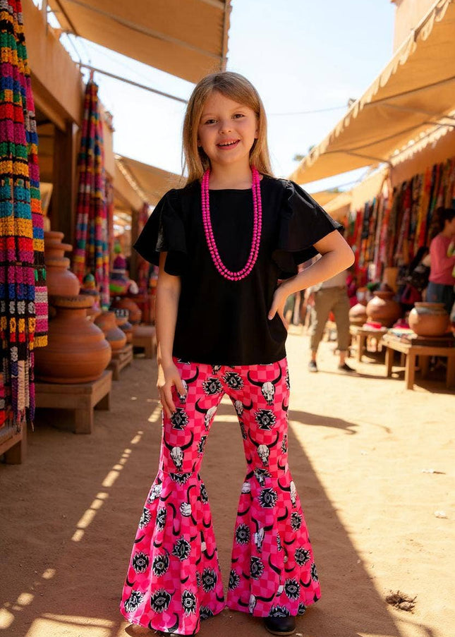 Black bell sleeve top & cow bell bottom girl set XCH0777-18H