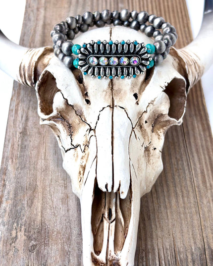 2 Layered Navajo Pearl w/ Stone Western Bar Stretch Bracelet