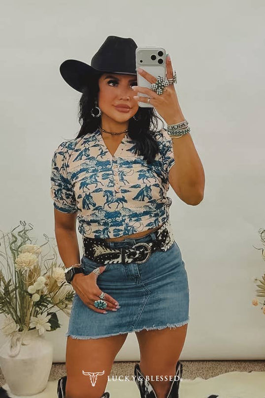 Cream Blue Western Printed Button Down Short Sleeve Top