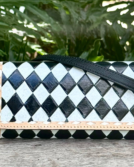 Black White Checkered Leather Wallet Wristband Crossbody Bag