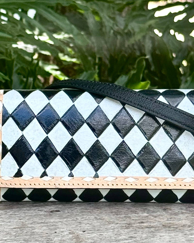 Black White Checkered Leather Wallet Wristband Crossbody Bag