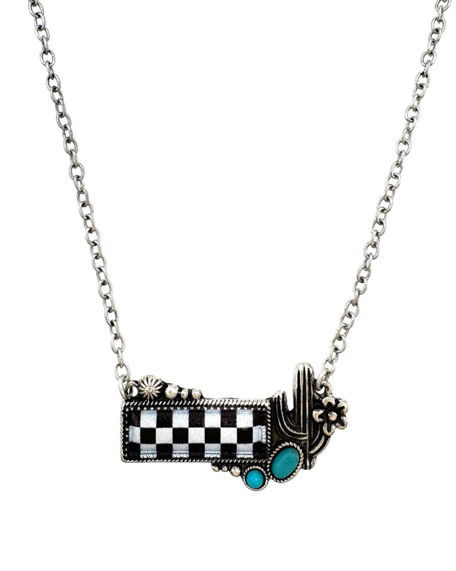 Checkered Print Western Cactus Flower Necklace