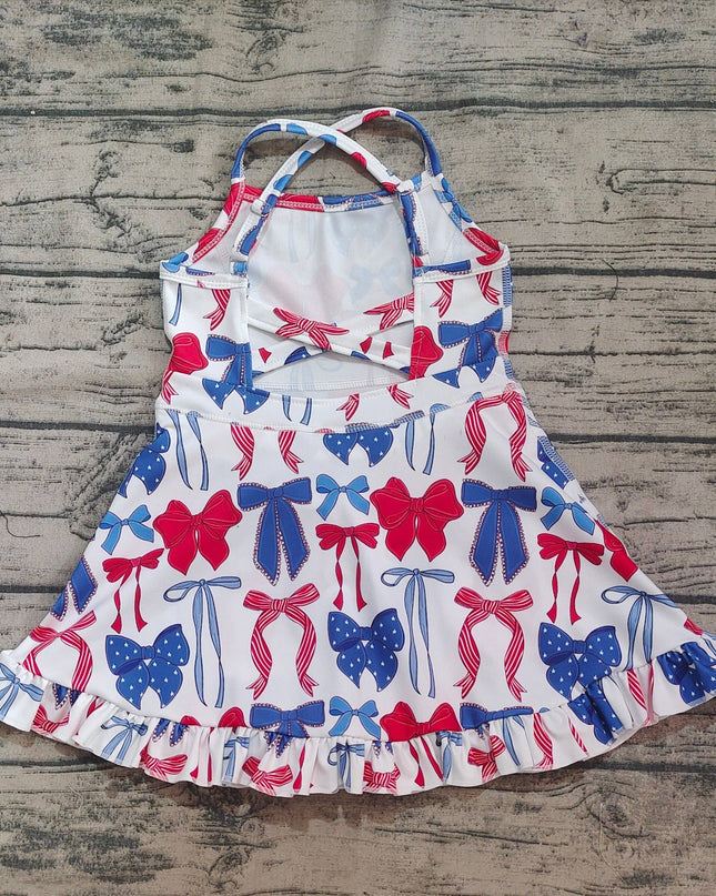 Baby Girls Strap Blue Red Bows 4th Of July Yoga Active Knee Length Dresses