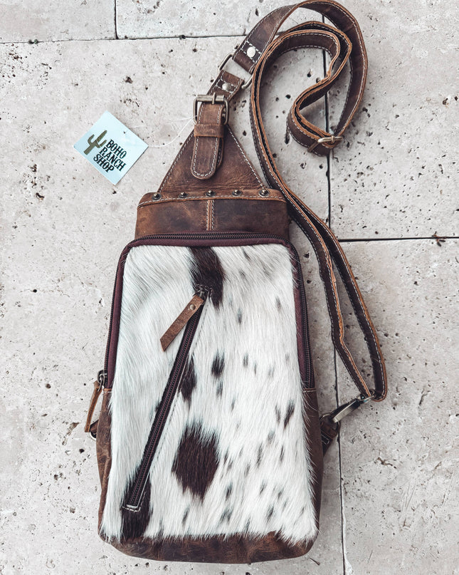 Western Cowhide Leather Sling Bag - travel bag chest bag