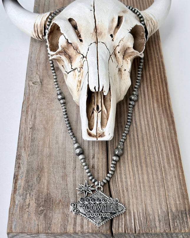 Western Style Navajo Pearl "WELCOM COWGIRL" Pendant Necklace