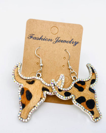 Western Style Cowboy Rhinestone Cowhide Cowhead Earrings -WJ