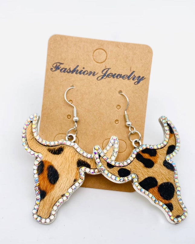 Western Style Cowboy Rhinestone Cowhide Cowhead Earrings -WJ