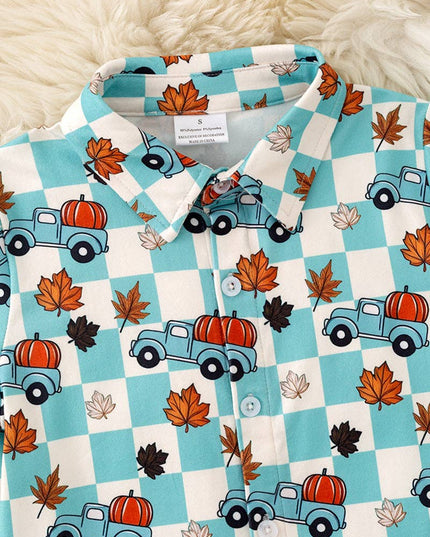 Blue Fall & checkered printed boys button up shirt. TPB60367 AMY
