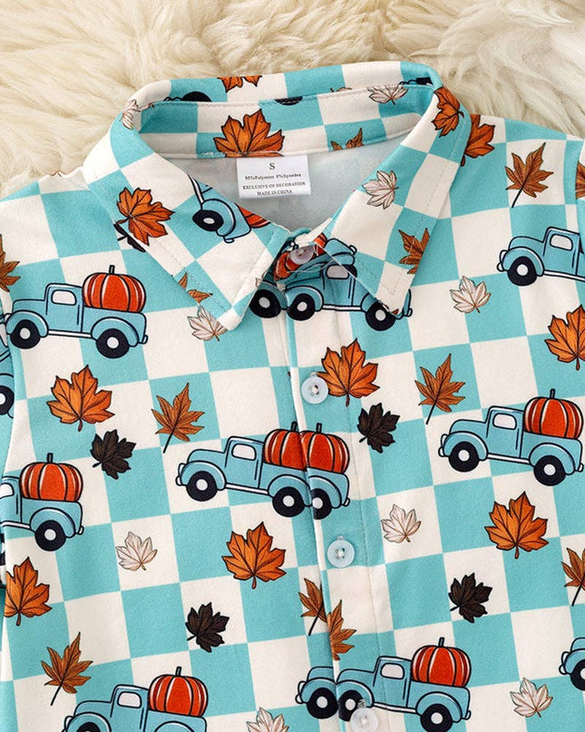 Blue Fall & checkered printed boys button up shirt. TPB60367 AMY
