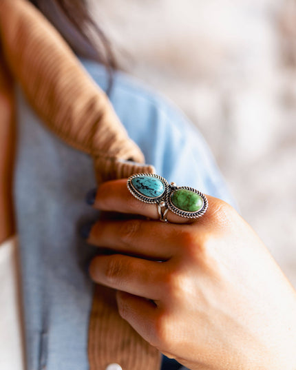 Green Teardrop and Oval Two Stone Ring