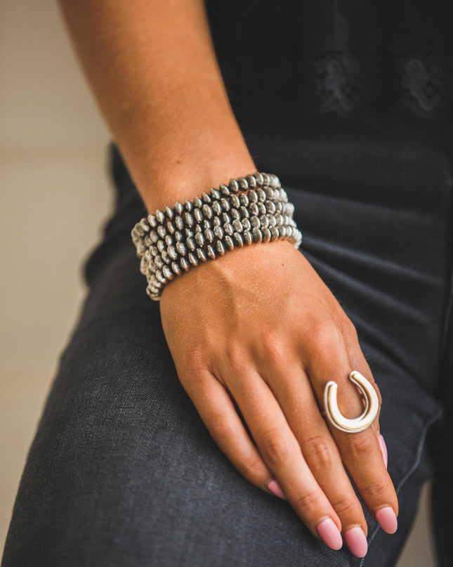 18K  Gold Plated Burnished 5 Disc Bead Stretch Bracelet