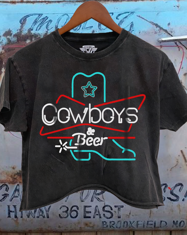 Cowboys & Beer Neon Boot Relaxed Cropped Acid wash T-shirt