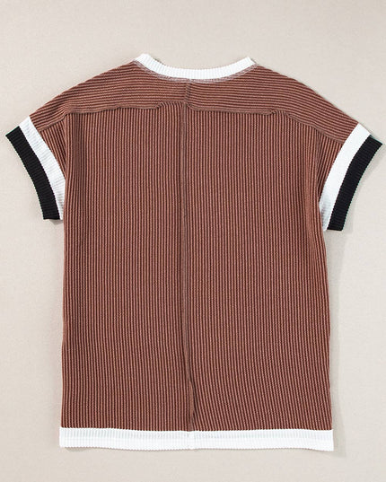 Textured Contrast Trim Round Neck T Shirt