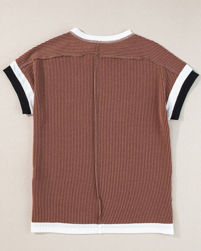 Textured Contrast Trim Round Neck T Shirt