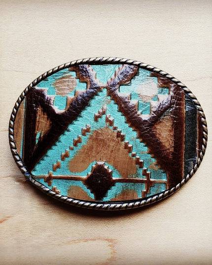 Rope Edge Turquoise Navajo Leather Belt Buckle 901q