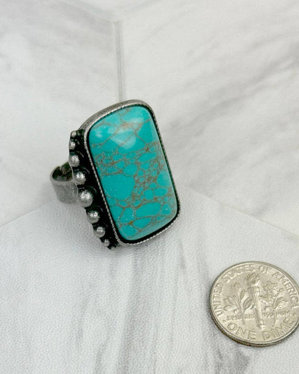 RZ231205-71                     Silver metal with blue turquoise rectangle stone adjustable Ring