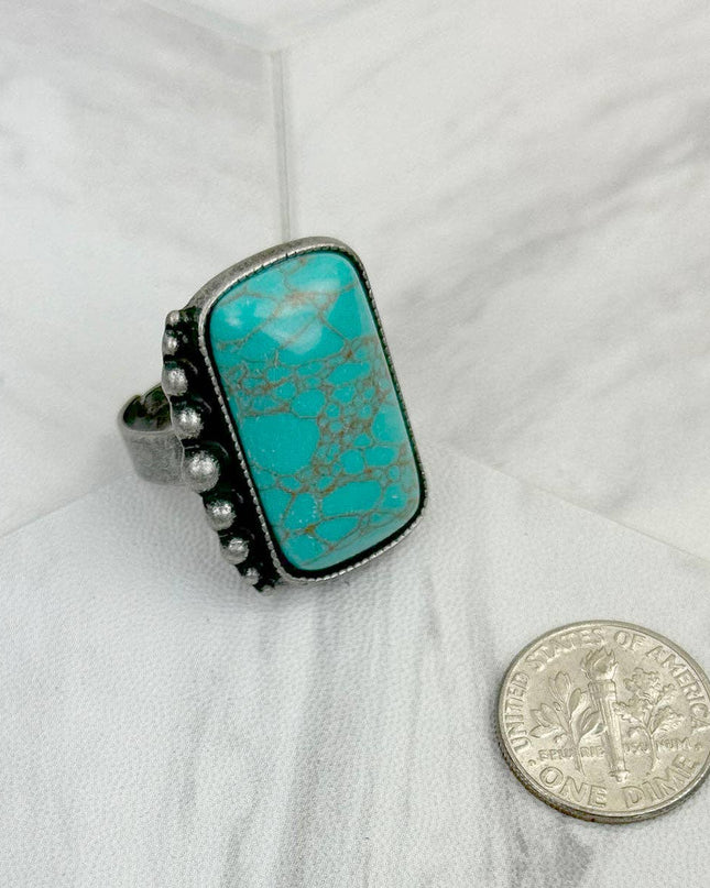 RZ231205-71                     Silver metal with blue turquoise rectangle stone adjustable Ring