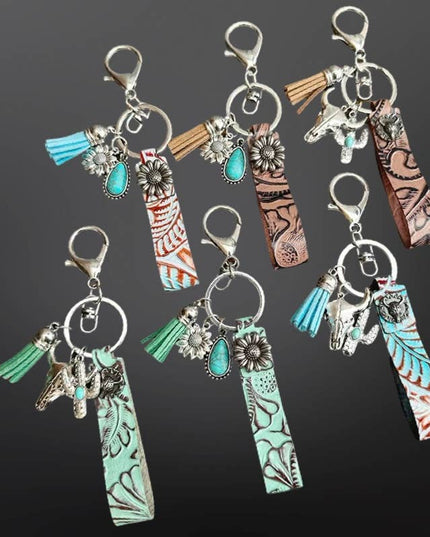 Faux Embossed Leather Western Keychain with Charms