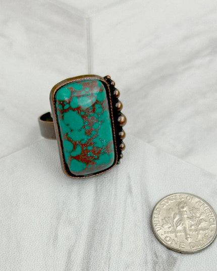 RZ231205-76                     Copper metal with blue turquoise rectangle stone adjustable Ring