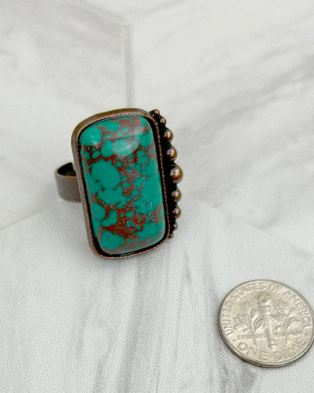 RZ231205-76                     Copper metal with blue turquoise rectangle stone adjustable Ring