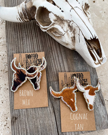Western Cowhide Bling Steer Longhorn Earrings