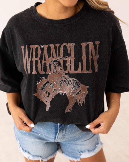 Wranglin' on Black Tee