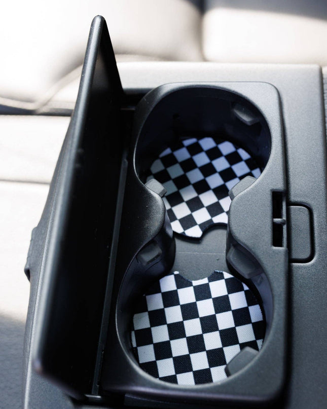 Black & White Checkerboard Car Coasters 2-Pack
