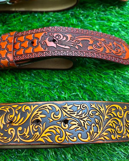 DEMASK STENCIL PRINT ON RED TONE BELT WITH LONGHORN ARROWN