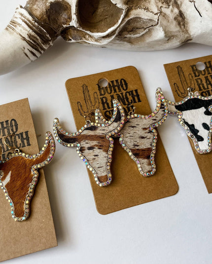 Western Cowhide Bling Steer Longhorn Earrings