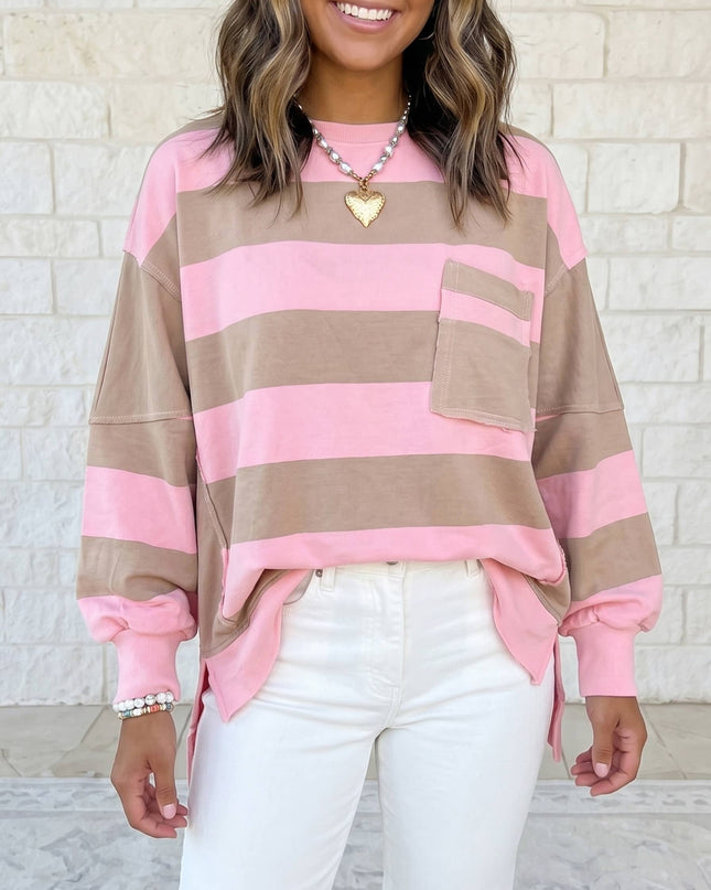 Patch Pocket Split Hem Oversized Long Sleeve Sweatshirt S-4X