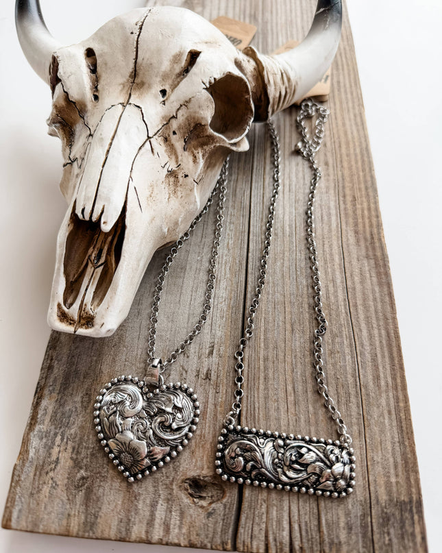 Western Style Engraved Heart | Bar Necklace