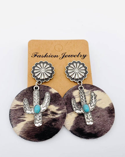 Western Style Cactus Animal Skin Double Charm Earrings - WJ