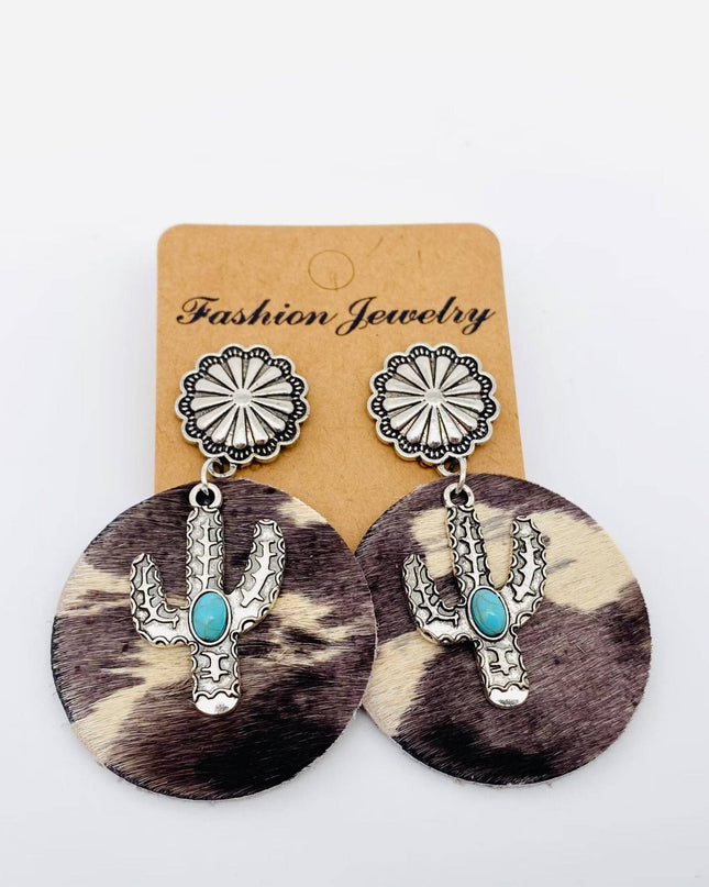 Western Style Cactus Animal Skin Double Charm Earrings - WJ