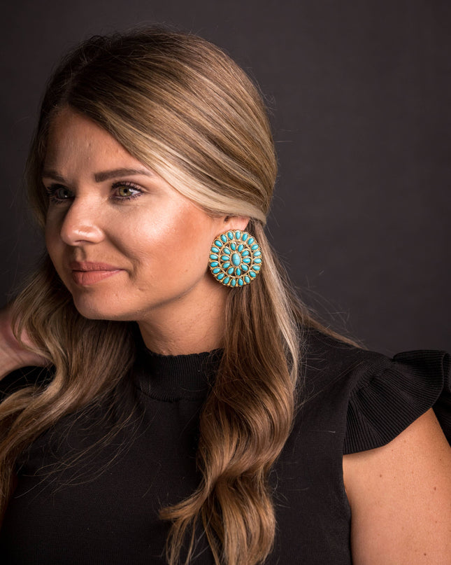(SALE) Large Gold and Turquoise Cluster Post Earring