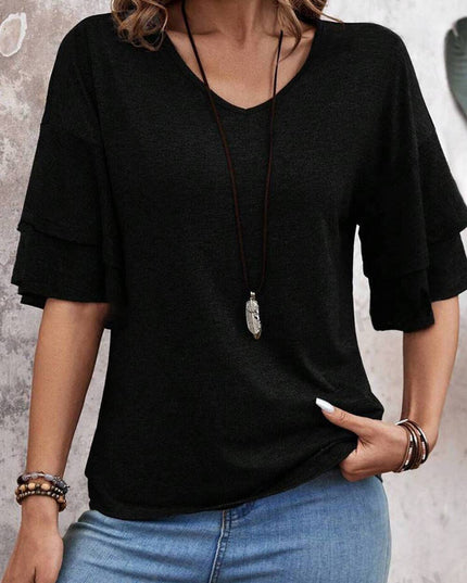 Solid Colour V-Neck Double Layer Sleeve Loose T-Shirt