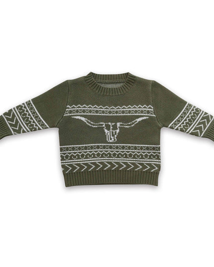 Olive bull skull aztec cow baby kids sweater