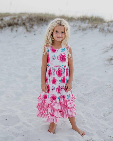 Girls Pink Rose 3 Ruffle Spring Summer Easter Dress