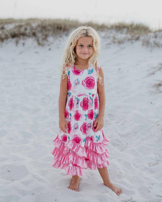 Girls Pink Rose 3 Ruffle Spring Summer Easter Dress
